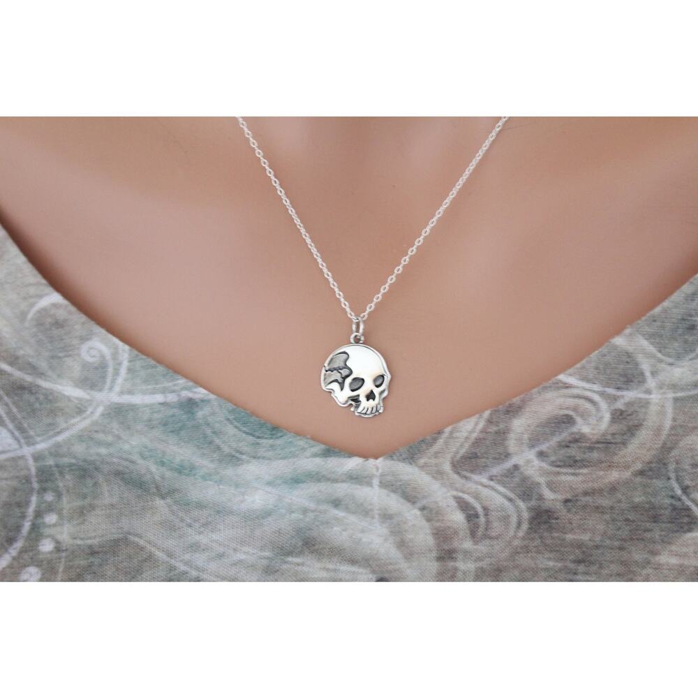 Sterling Silver Flat Skull Pendant Necklace, Silver Flat Skull Charm Necklace